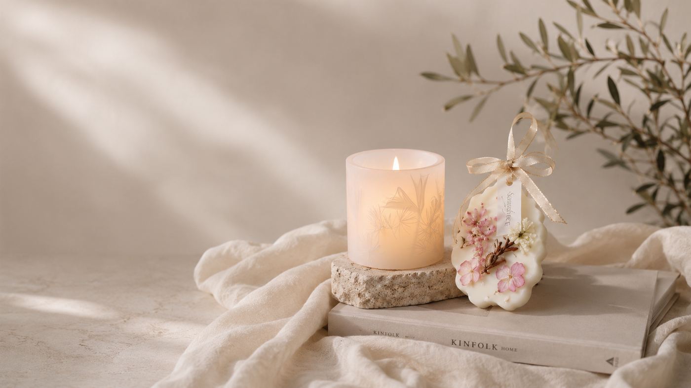 Scentpiece handmade candles and wax tablets styled in a warm interior setting