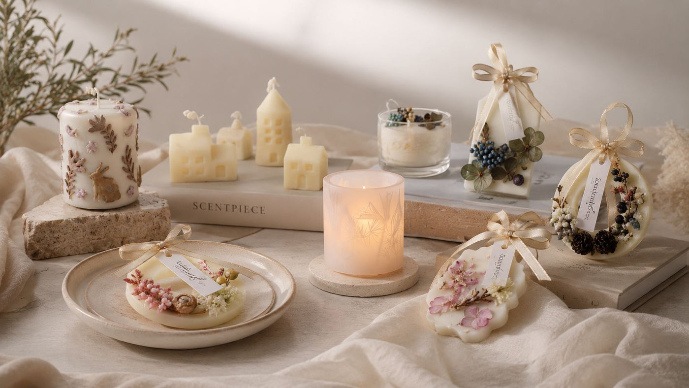 Glowing floral candles and decorative wax tablets styled with dried flowers