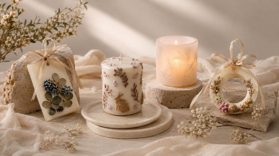 Floral candle and wax tablets in a warm still life scene