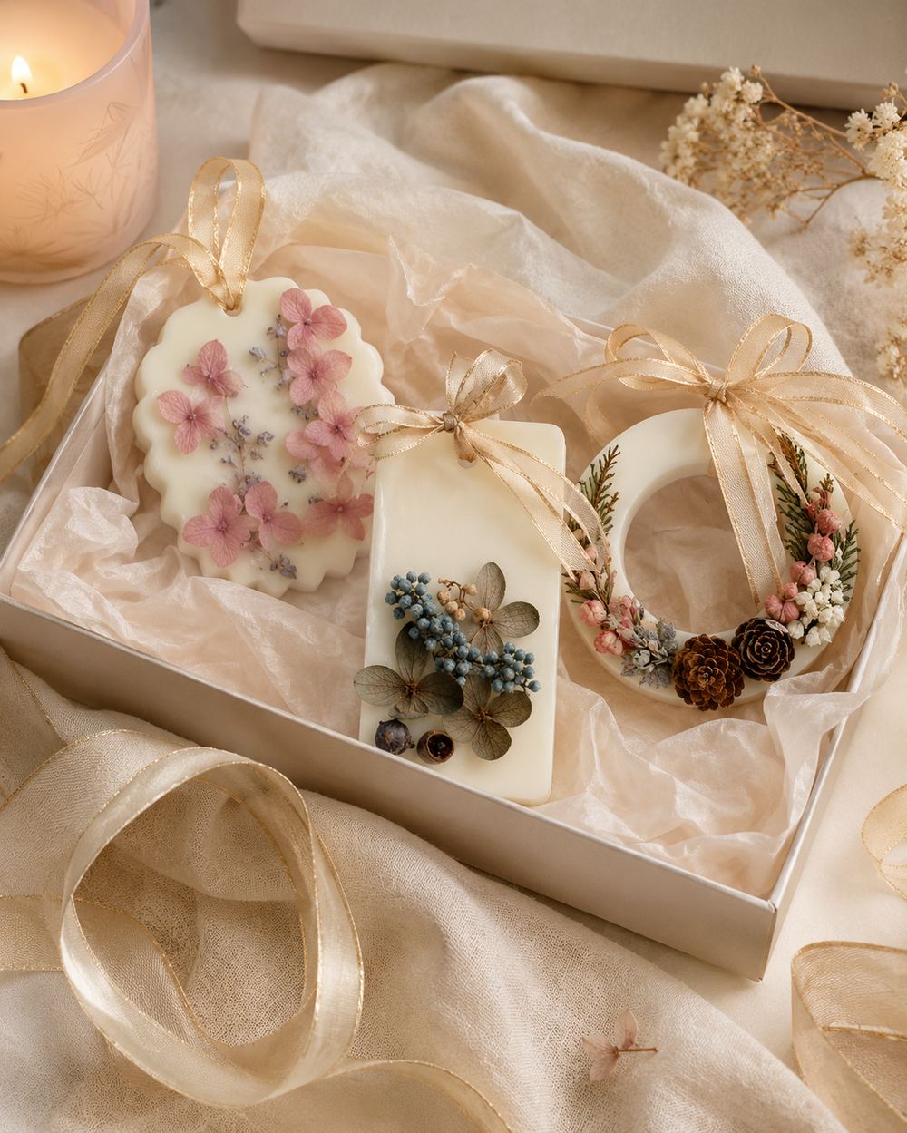 Gift-ready wax tablets arranged in a box with ribbon and tissue paper